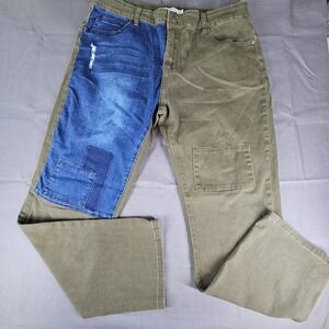 Misslook Olive Green Blue Denim Patchwork Distressed Straight Leg Jeans 3XL‎